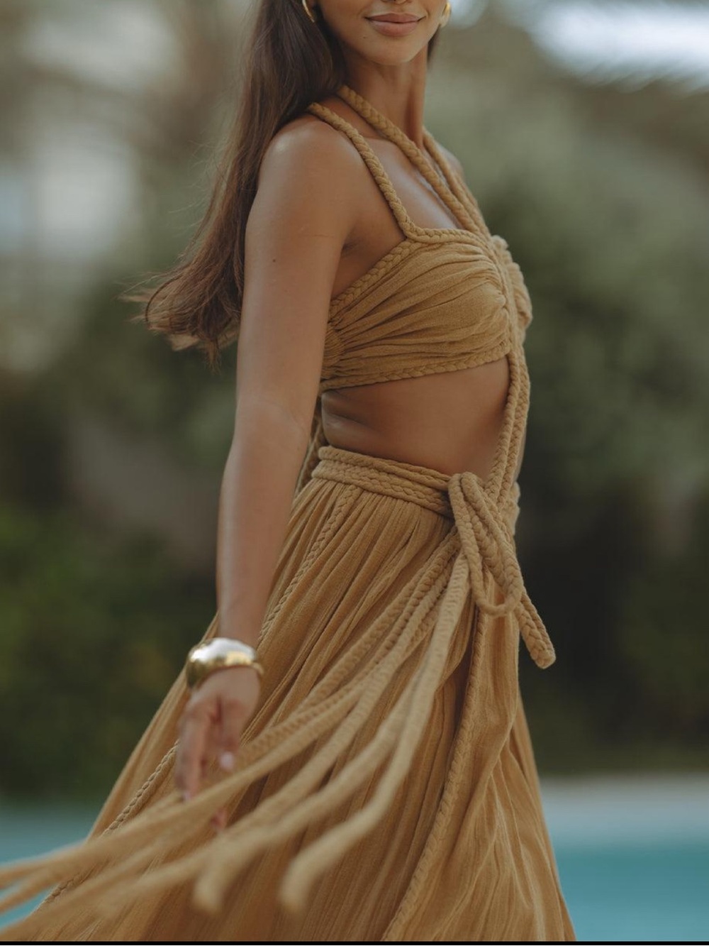 Kasia Kulenty- Gisella Braided Halter Crop Top & Flowing Skirt Set -Sand